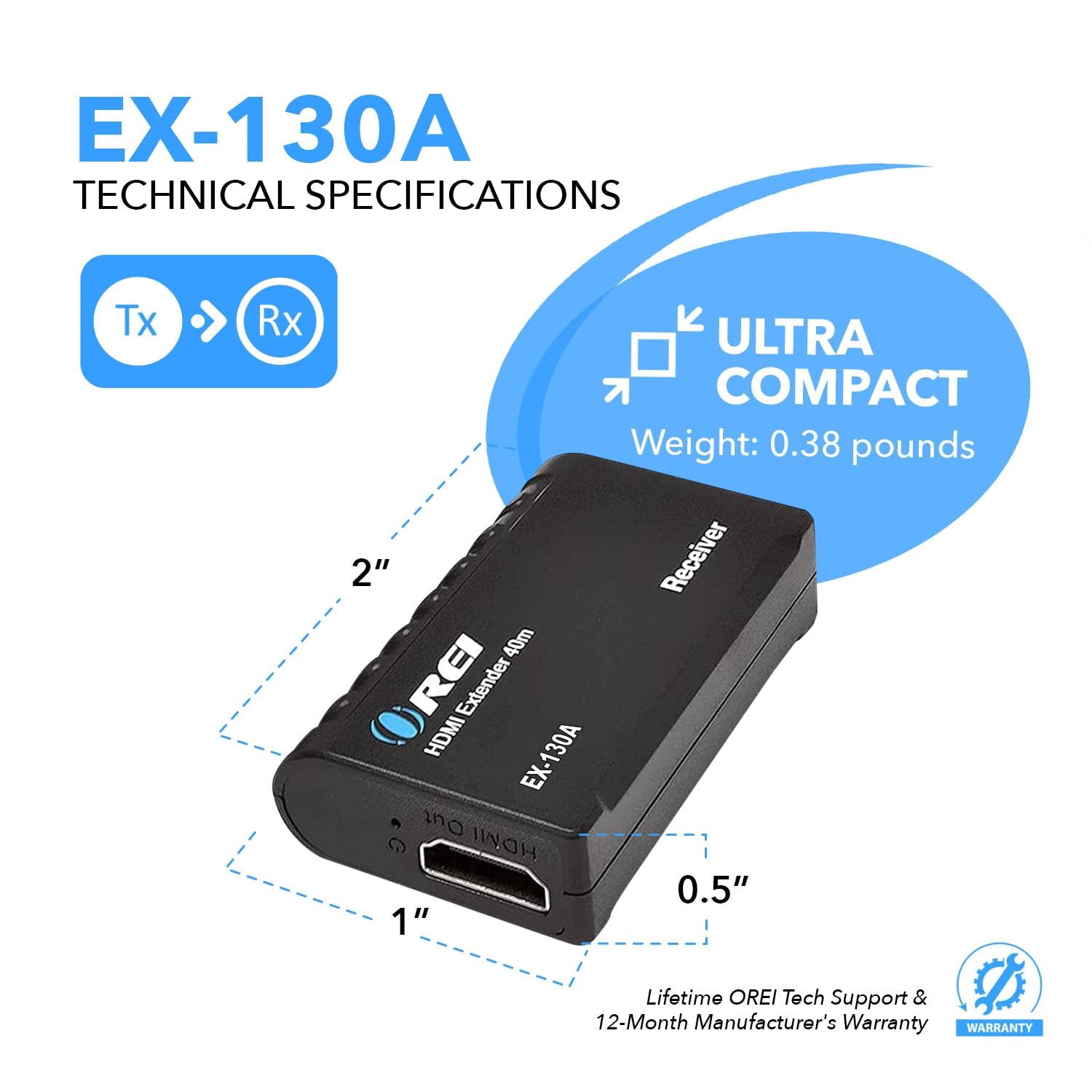 Extender HDMI 4K su CAT6/CAT7 da Orei Extender RJ45 4K @30Hz fino a 150 piedi 1080P fino a 196 piedi Full HD POC trasmettitore e ricevitore Dual IR (EX-150C)