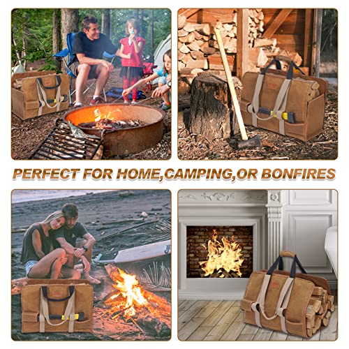 2-in-1 Waxed Canvas Firewood Log Carrier Extra Large Storage Tote Bag for Fire Pit Outdoor Camping, BBQ Barbecue, Wood Carrying Bag with Double Straps for Reinforce, Fireplace Wood Stove Accessories. - Thumbnail 2