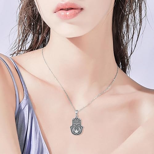 Vista 4 de Collar Chakra Hamsa de plata de ley 925 con colgante de mano Hamsa de ojo malvadoescarabajo Hamsa, joyería de Lotus Fatima para mujer