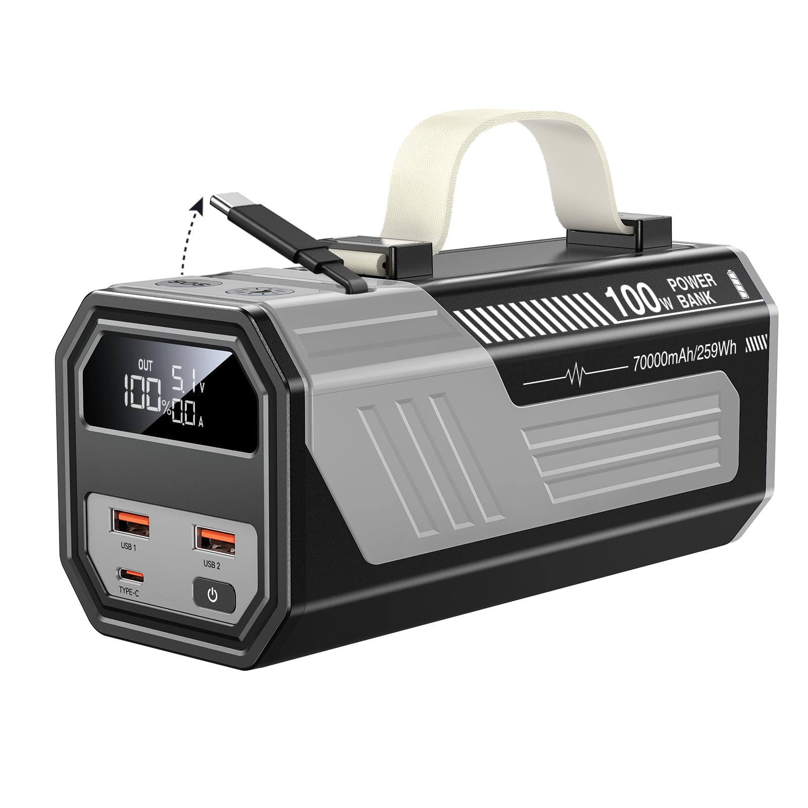 CUZAR Laptop Power Bank,70,000mAh Portable Charger with 100W USB-C Ports, Built-in and Retractable Cables,100W Input, Fast Charging for MacBook Pro/Air/iPhone 16/iPad Pro/Galaxy S25 Ultra