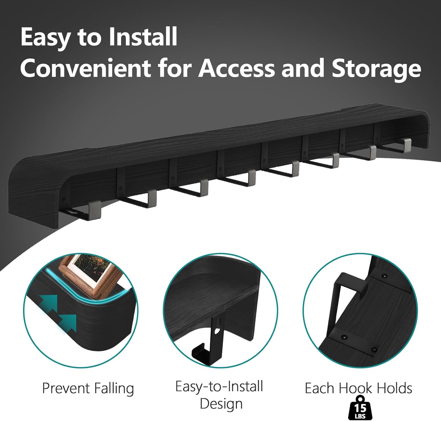 Coat Rack Wall Mount with Shelf 8 Hidden Hooks Modern Wooden Key Holder Entryway Organizer for Hallway Bedroom Bathroom Home Decor Storage for Hanging Coats Hats Bags Towels, Black