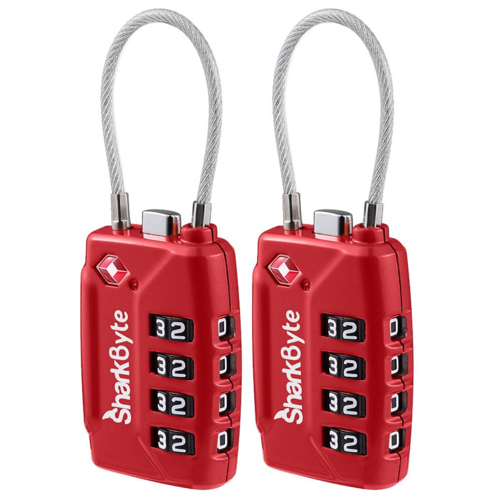 Sharkbyte Red Tsa Approved Luggage Locks | Wire, 4-Digit Combo (10K Combinations) | Secure Suitcase, Gym Bags & More (2 Pack)