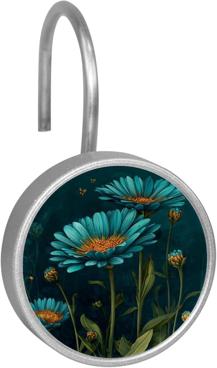 Farm Teal Daisy Round Crystal Glass Decorative Shower Curtain Hooks with 3D Pattern Visual, Rust Proof Shower Curtain Rings-12 Pack