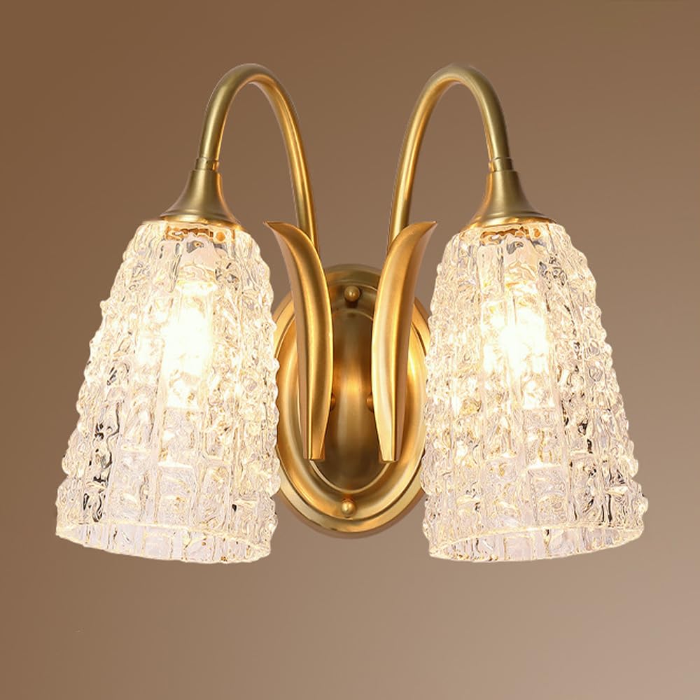 HYJAUSXB Brass Wall Lamp with Glass Sconce - Modern E14 Hardwired Mount Light for Bedroom, Living Room, Hallway, Restaurant