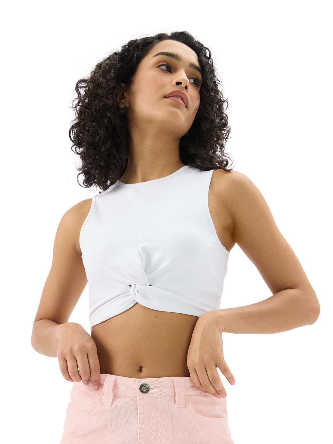 the souled store Solids: Serene White Women and Girls Sleeveless Round Neck Cotton Blend Slim Fit Cropped Tops-picture-17