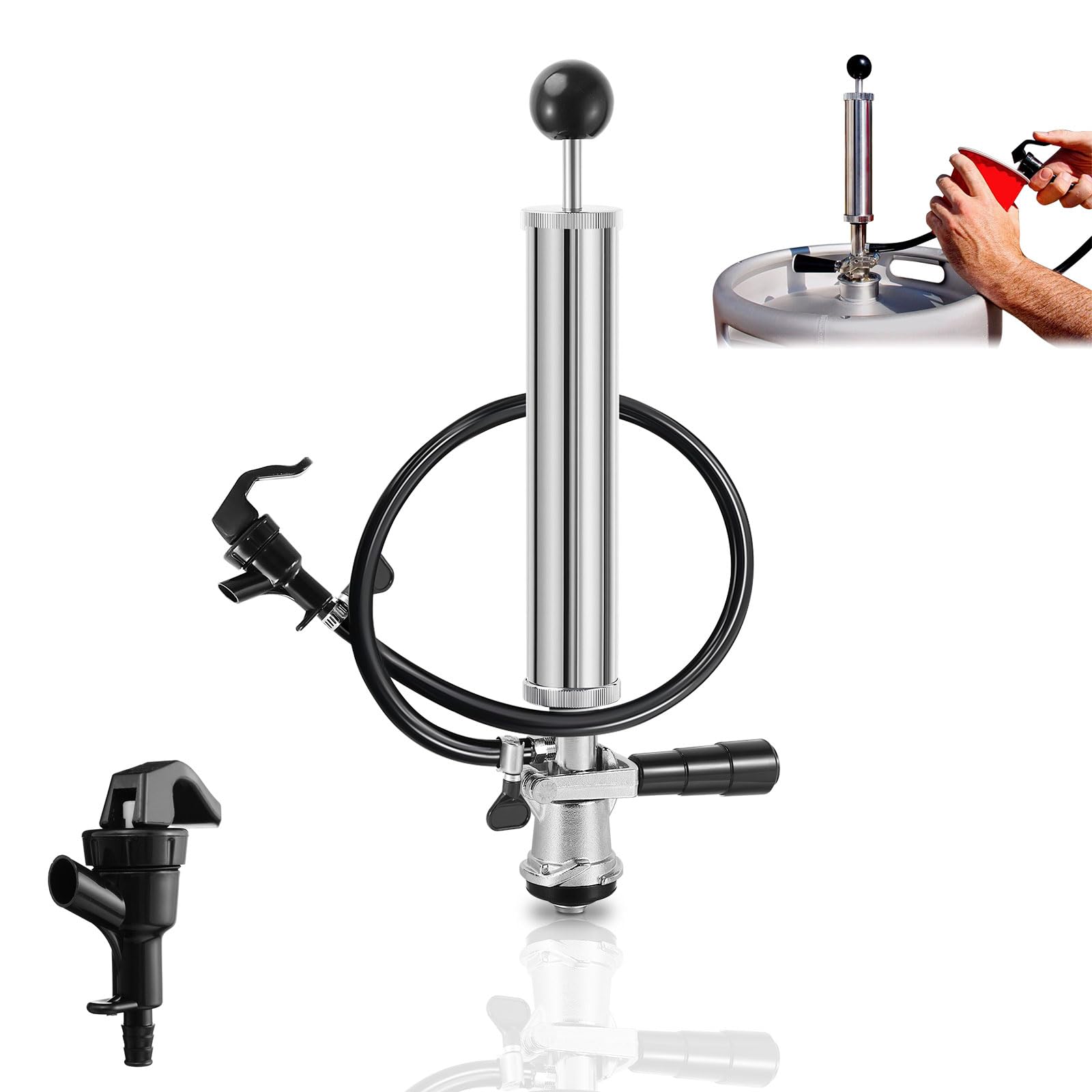 Hgkeke 8" Keg Tap D System Beer Keg Party Pump, Standard US Hand Pump for Sankey Keg Stainless Steel Probe with Beer Faucet & Hose Clamps for Homebrew