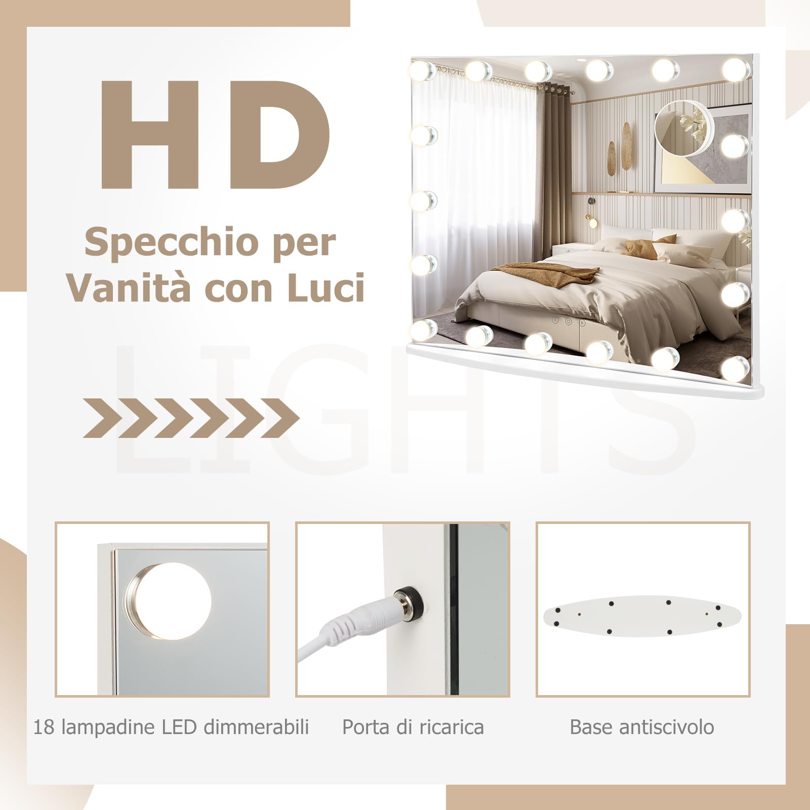 RELAX4LIFE Specchio Trucco con Luci 65 x 52,5 cm, Specchio Cosmetico da Parete/Tavolo con 18 Lampadine, 3 Colori di Luce, 4 Luminosità Regolabile, Touch Screen, per Camera da Letto (65 x 52,5 cm)