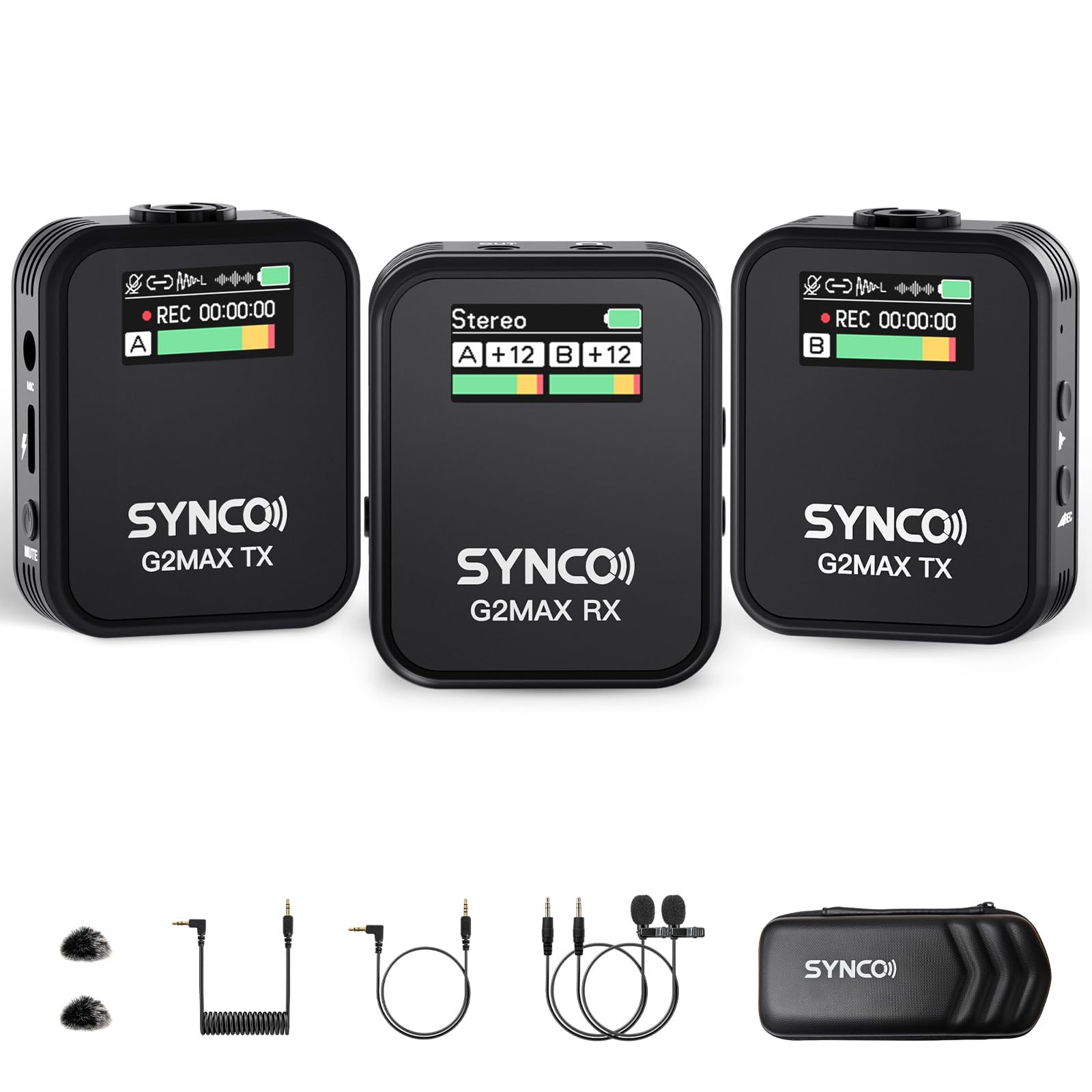 SYNCO Wireless Lavalier Microphone, G2(A2) MAX 2.4G Lapel Mic Dual Transmitter 24 Hours Recording 492FT 8GB Storage for Online Class Vlog Stream YouTube for Camera DSLR Smartphone