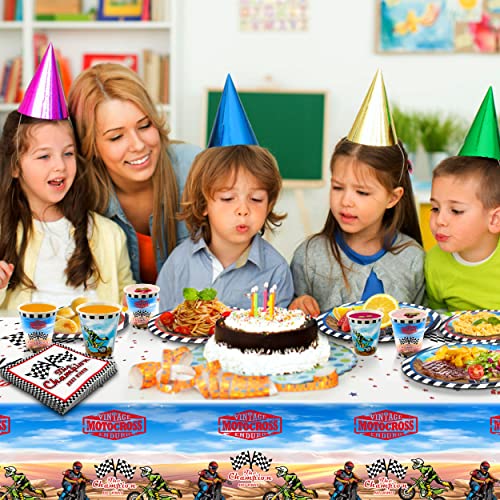 Image of Dirt Bike Decorations Plates Set | Service for 20 | Dirt Bike Birthday Supplies with Dinner Plates, Dessert Plates, Cups, Tablecloth | Dirt Bike Motocross Motorcycle Tableware for Kids