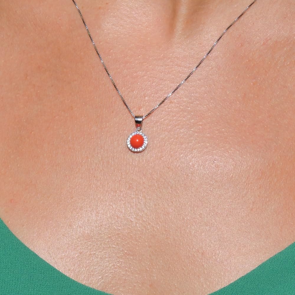 Collana in Argento 925 con Ciondolo Tondo con Corallo Rosso e Zirconia Bianca