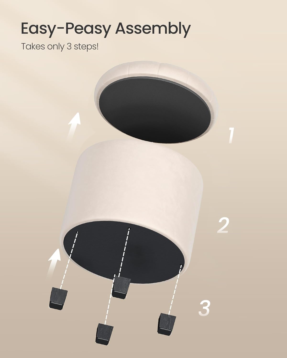 SONGMICS Round Ottoman, Ottoman with Storage, 17.7 x 17.7 x 17.5 Inches, Foot Rest with Legs, Velvet, Load up to 330 lb, for Living Room, Bedroom, Cream White ULOM012W01