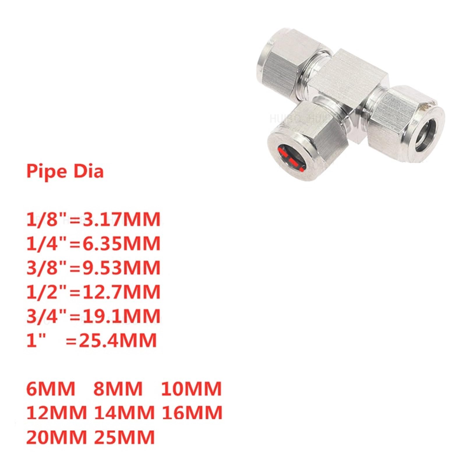 1pcs Stainless Steel 304 3mm 4mm 5mm 6mm 25mm 1/8 1/4 3/8 1/2 Double Ferrule Tee Tube Fitting Ferrule Connector Pipe Fittings(Pipe 4mm)