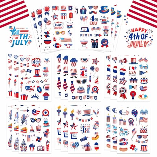 24 Sheets 4th of July Stickers, Independence Day Sticker for Kids Adults, Patriotic Sticker Memorial Day Red White Blue Stickers USA American Flag 4th of July Party Favors Games Supplies Crafts