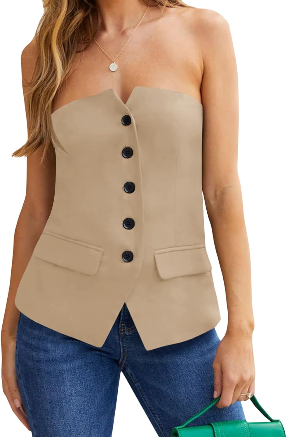 Cicy Bell Notched Neck Tube Tops Blazer Sleeveless Button Fitted Strapless Work Blazer Vest