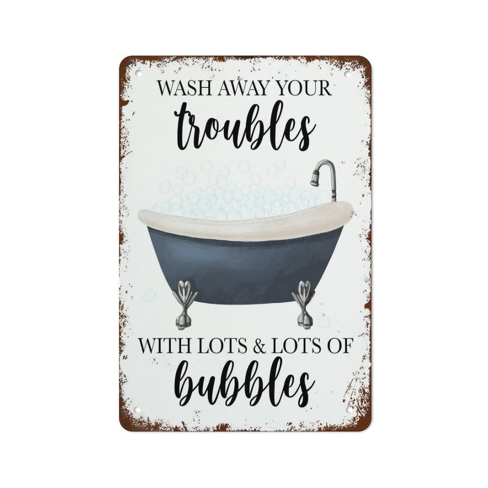 Yepyayqvk Tin Sign 647 Wash Away Your Trouble With Lots And Lots Of Bubbles Vintage Navy Blue Clawfoot Bathtub Bathroom Wall Print Farmhouse Decor Retro Metal Tin Sign For Home Bathroom Wall Decor 6X8 Inch