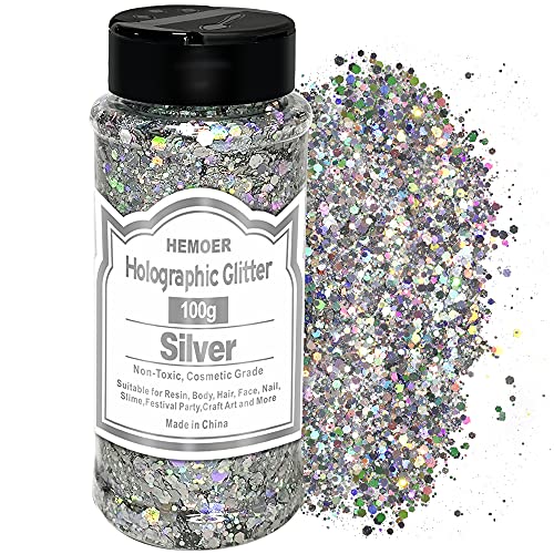 HEMOER Silver Glitter 100g/3.5oz Holographic Chunky Glitter Mixed Hexagon Chunky & Fine Flakes Iridescent Sequins for Epoxy Crafts Resin Nail Body Tumblers Party Decoration