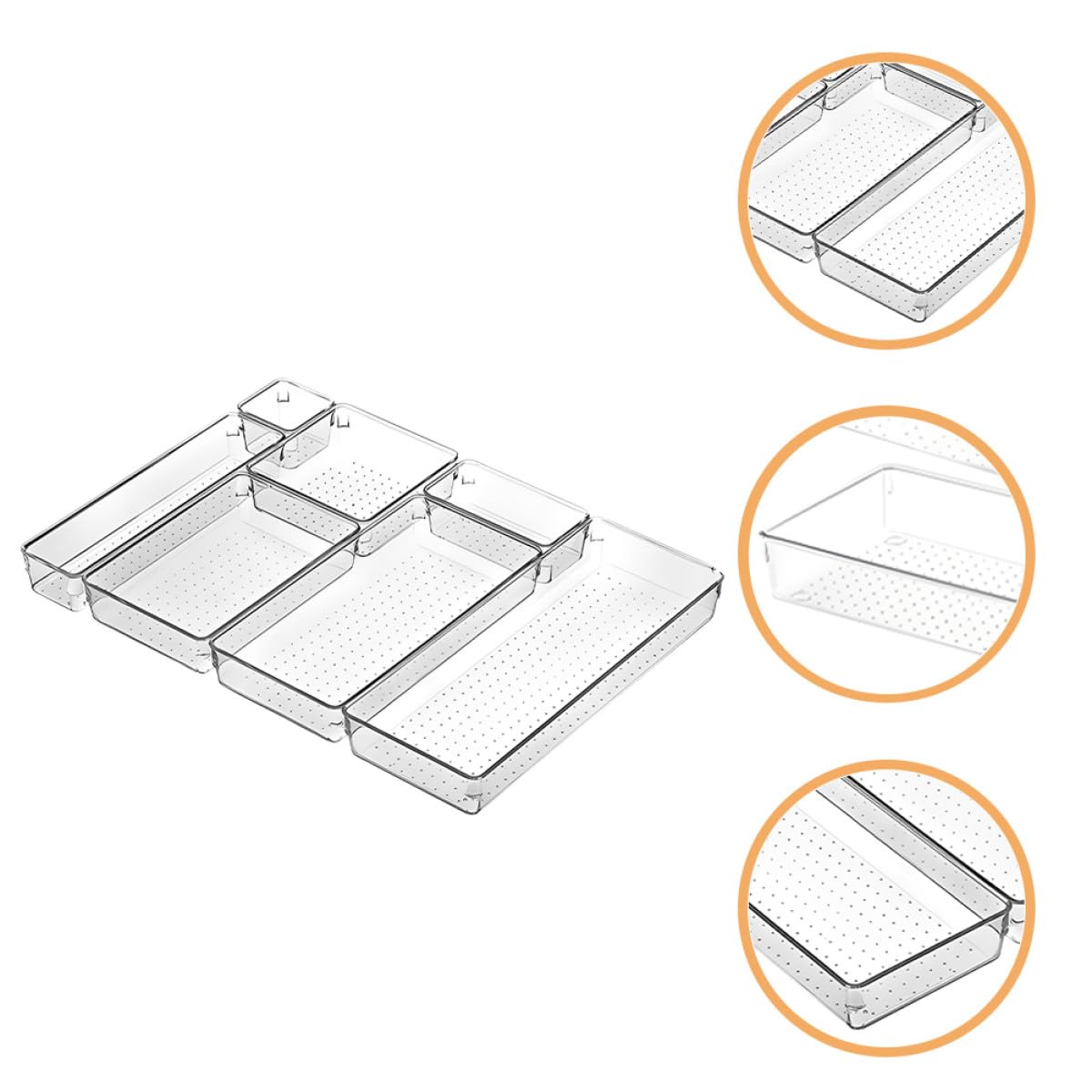 Set 7 Pezzi Organizer Trasparenti per Cassetti, Divisori a Griglia in Plastica Resistente per Trucco, Cancelleria e Gioielli, Portaoggetti per Bagno, Cucina e Scrivania Casa