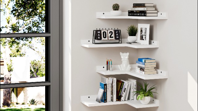 4-Tier Corner Floating Shelves, Rustic Pine L-Shaped Shelves for Creative Wall Storage in Bedroom, Bathroom & Any Room - White