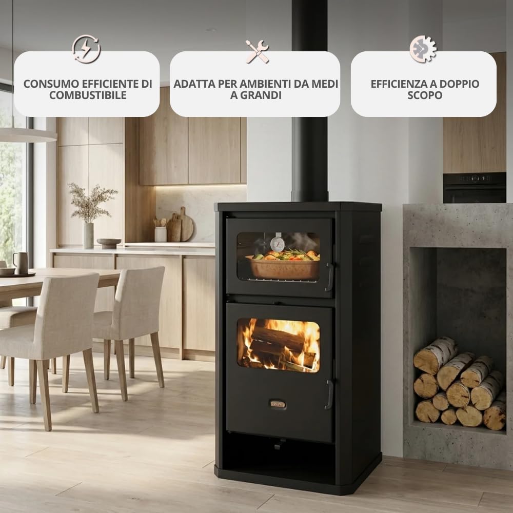 Prity FM D - Stufa a legna con forno e rivestimento d'acqua, riscaldamento centralizzato, certificato CE, stufa a legna