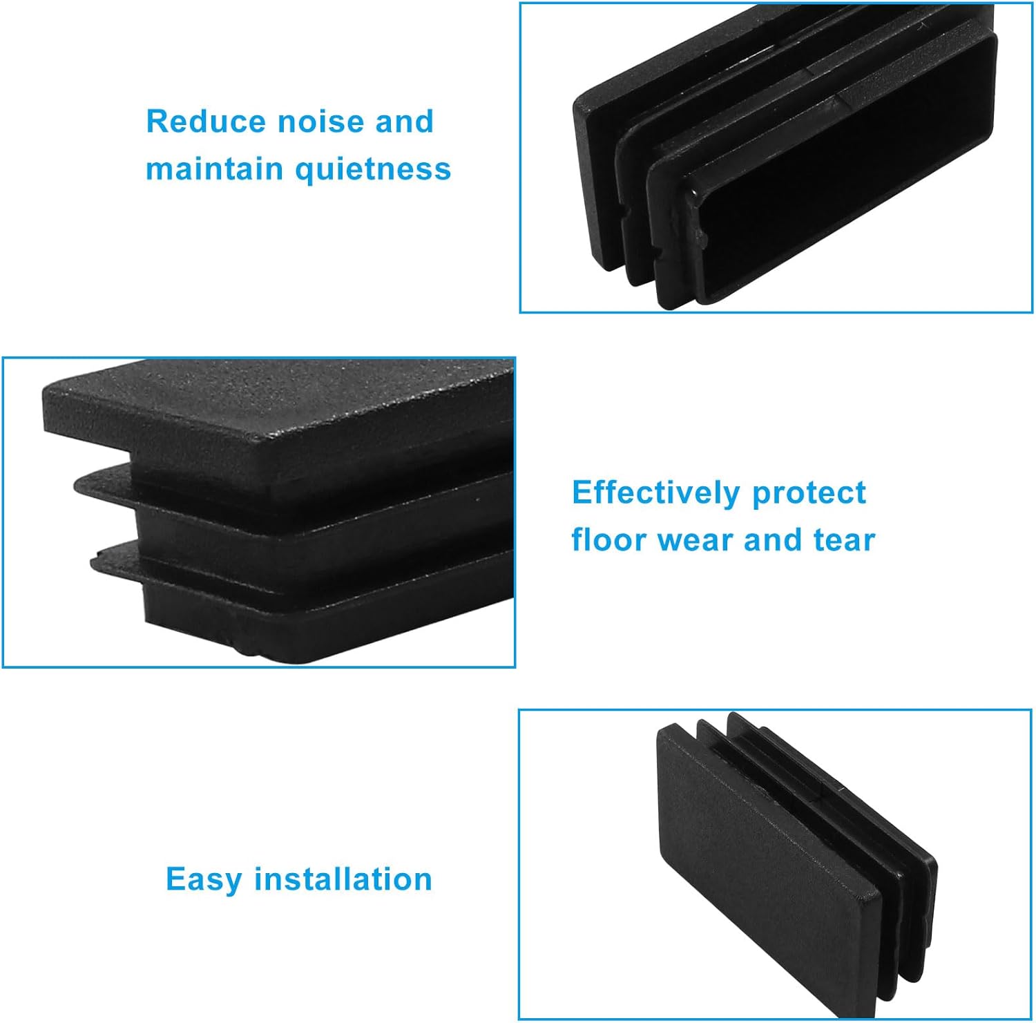 Waziaqoc 24 PCS 1 x 2 Inch Rectangular Tube Plug, 38 x 13 mm Plastic Chair Leg Caps, Black Furniture End Caps Insert for Chair, Desk, Tube