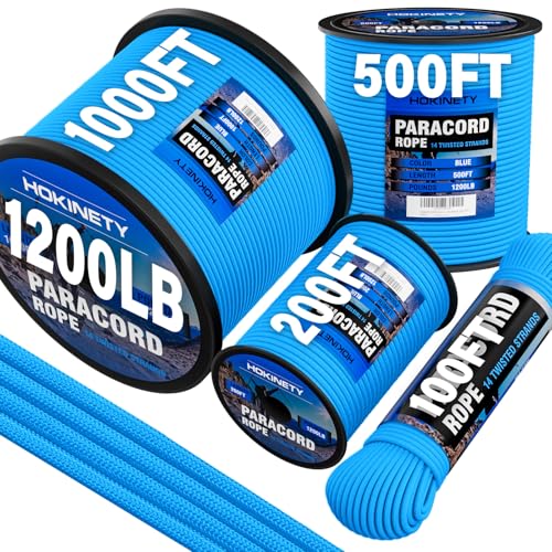 HOKINETY 1200 Paracord Rope - 4.4mm 14 Strand Nylon Parachute Spool para Cord Lanyard for Outdoor Camping Survival Utility Tent Crafting DIY Projects Fishing Clothsline Bracelet - Blue 100FT