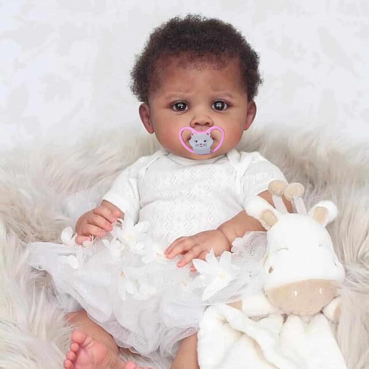 TERABITHIA 24 Inches Huge Baby Size Rooted Curly Hair Realistic Newborn Toddler Dolls in Dark Brown Skin Lifelike Reborn Baby Girl Dolls with Soft Weighted Body Child Birthday Gift Set