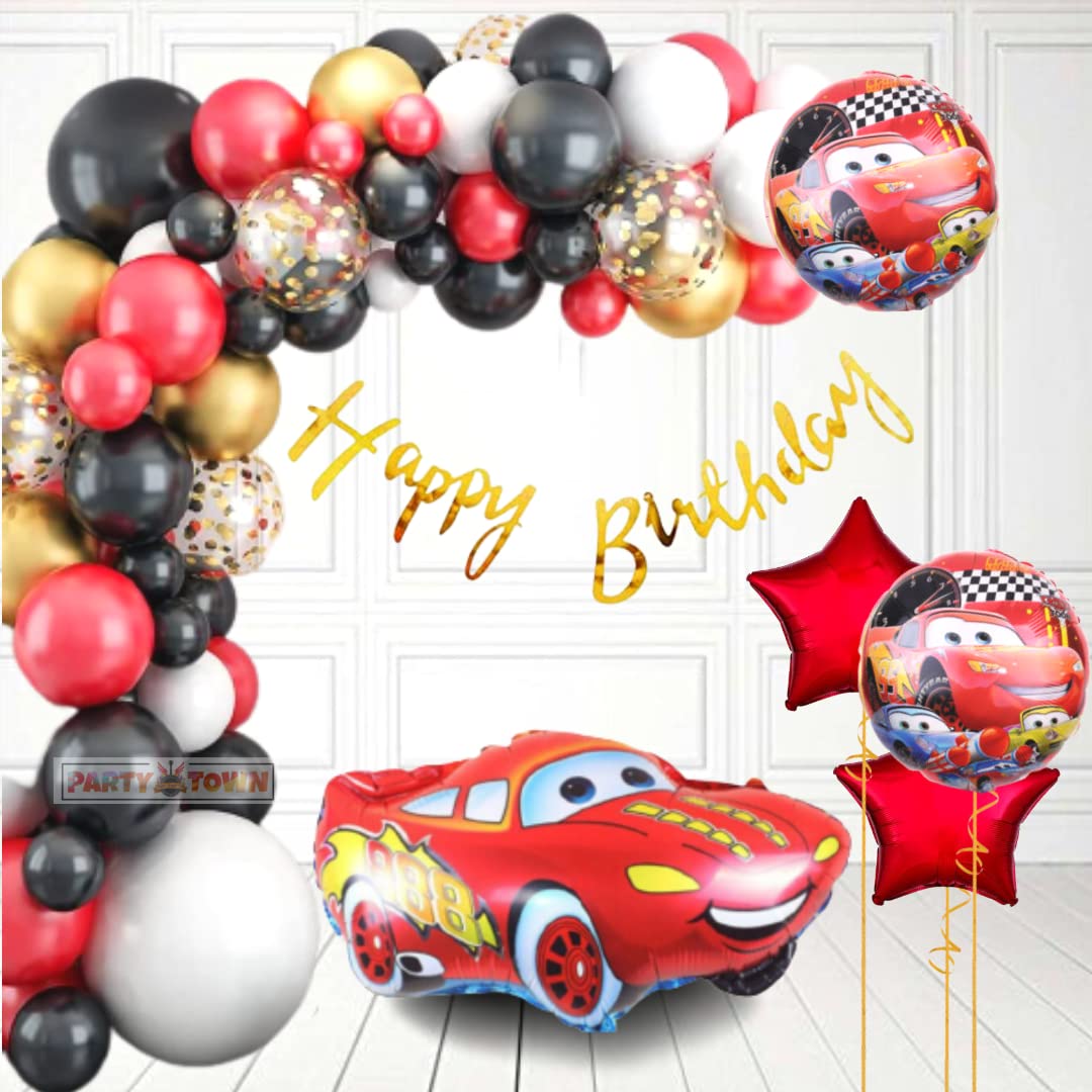 Party town® Car Theme Decoration for Birthday - 73 Pcs, Lightning Mc-Queen Cars theme decoration combo for boys Car theme birthday party with Red and Balck balloons (Mc-Queen Cars)