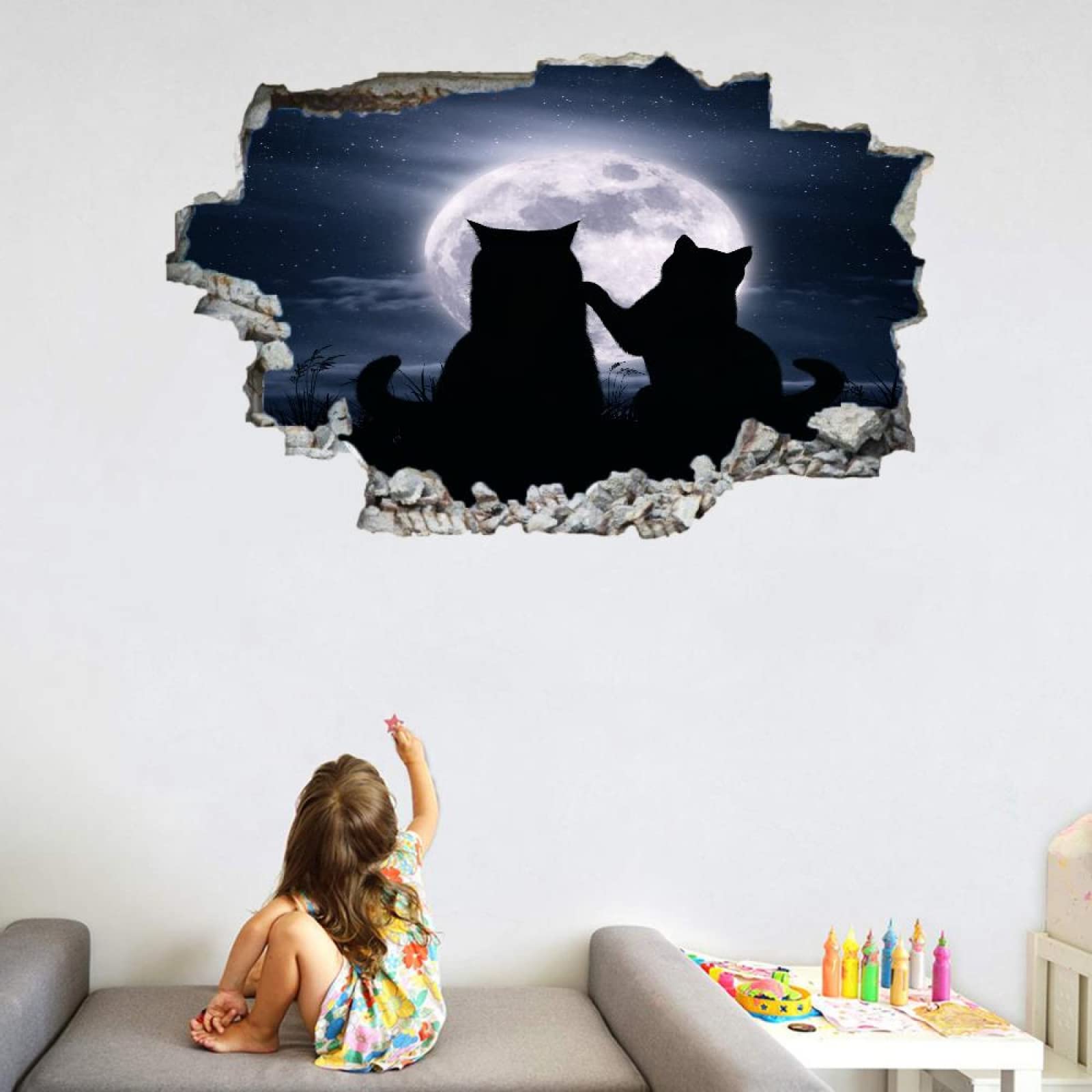 Gatto Adesivo Da Parete 3D Rimovibile Luna Decorazione Da Parete, Pavimento, Soffitto, Decalcomania Fracassata, Decorazione Artistica Sagoma Per Soggiorno, Murale 75x113cm