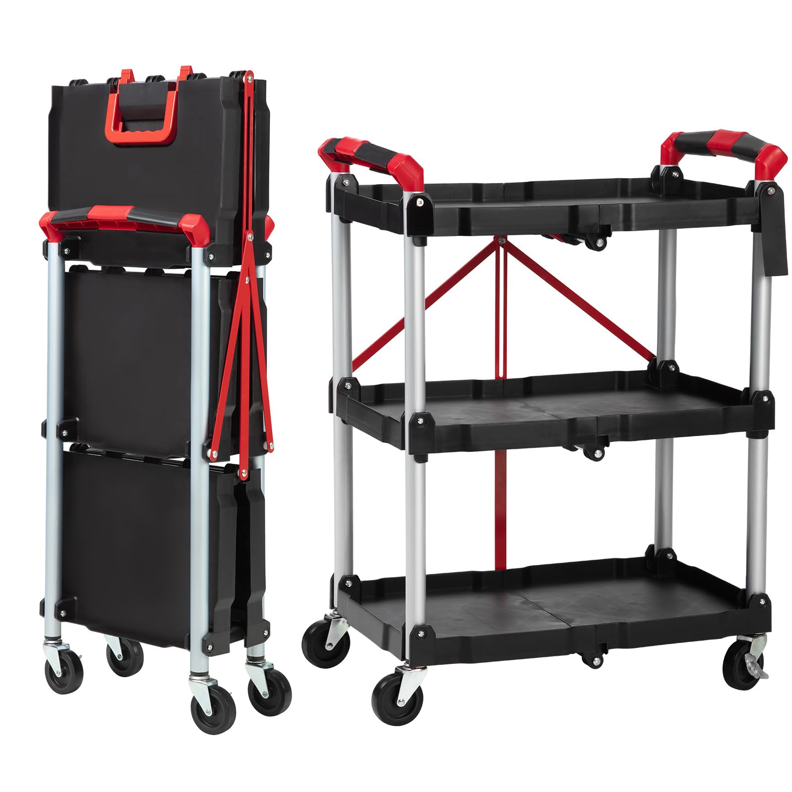 Carro de Servicio Plegable 3 Niveles, Carro de Herramientas con Ruedas Giratorias y Freno, Carro Auxiliar Compacto para Garaje, Almacén, Oficina, Hogar y Hostelería, Capacidad de 96 kg,
