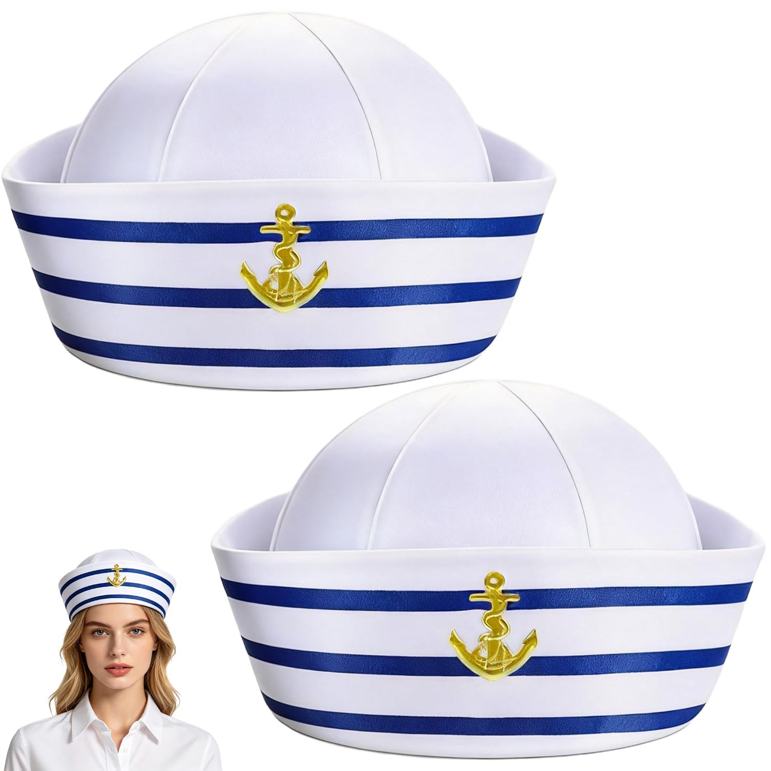 WADUBI 2 PCS Sailor Hats for Adults and Teens - White Nautical Costume Hats for Fancy Dress, Cosplay Parties and Marine Themed Celebrations