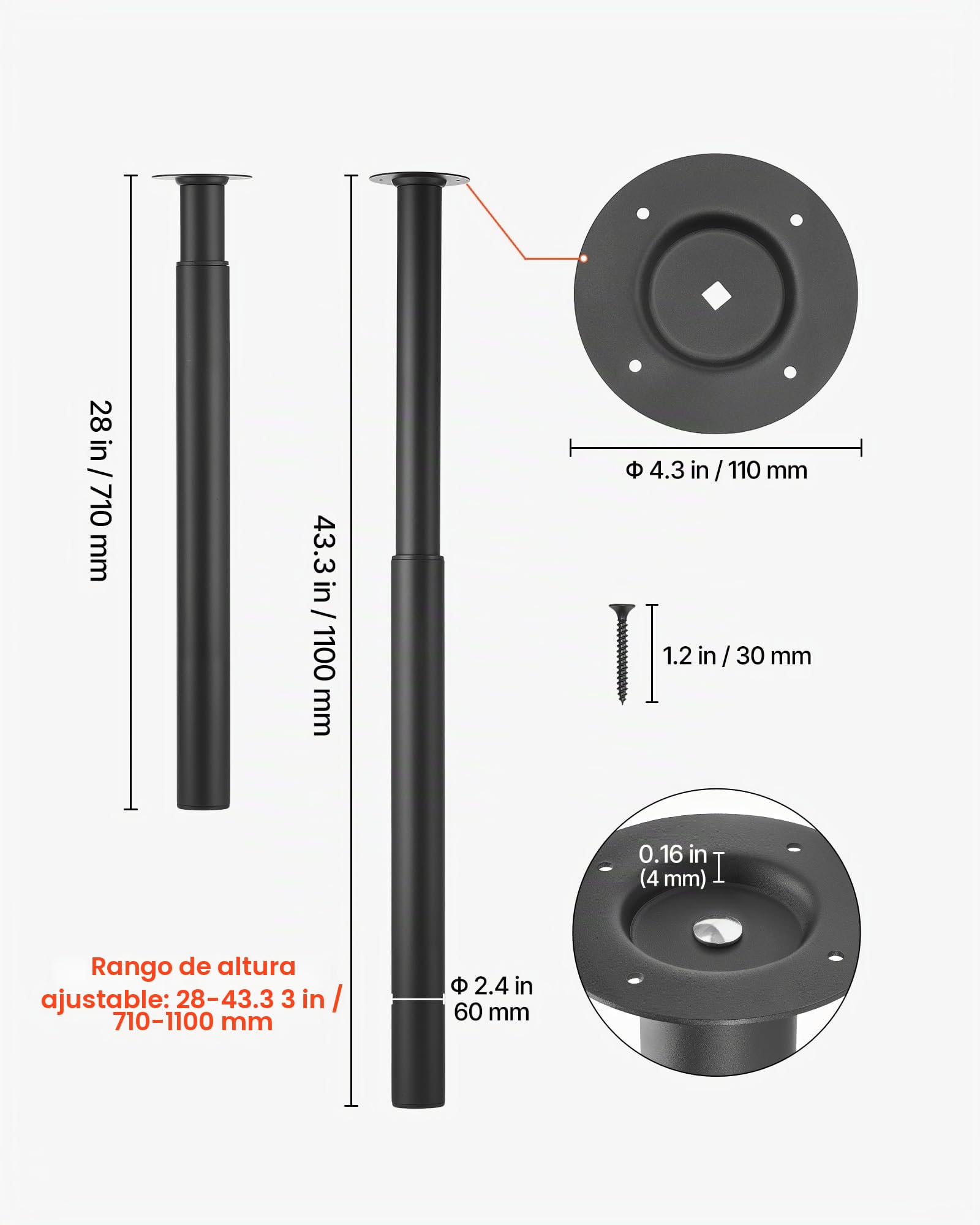 VEVOR Patas Regulables de Mesa de Acero al Carbono, Altura Ajustable 710-1100 mm, Negro, Capacidad Máxima 544 kg, Juego de 4 Patas con Kit de Herrajes para Escritorio, Mesa de Bar, Banco de Trabajo