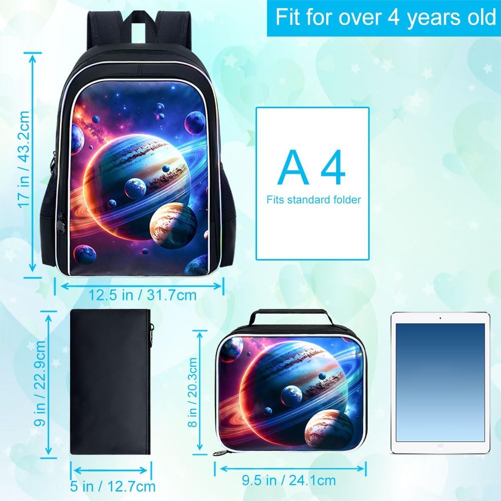 gxtvo 3PCS Kids Space Backpack for Boys, 17" Kids Universe Bookbag with Lunch Box, Water Resistant Middle Elementary School Bag - Cosmic Planet - Image 4