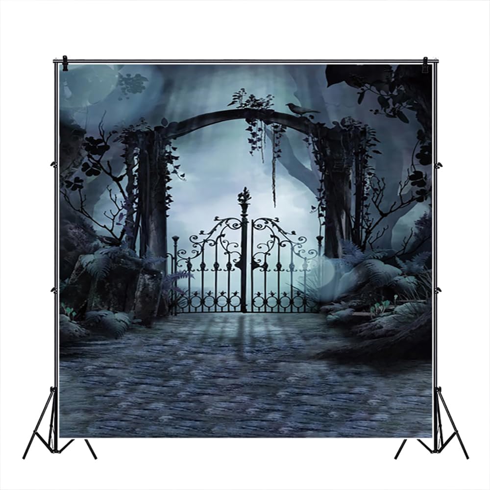 Halloween Backdrop 10x10ft Night Graveyard Door Scary Photo Background for Party Decorations Kids Adults Selfie Halloween Picture Backdrop