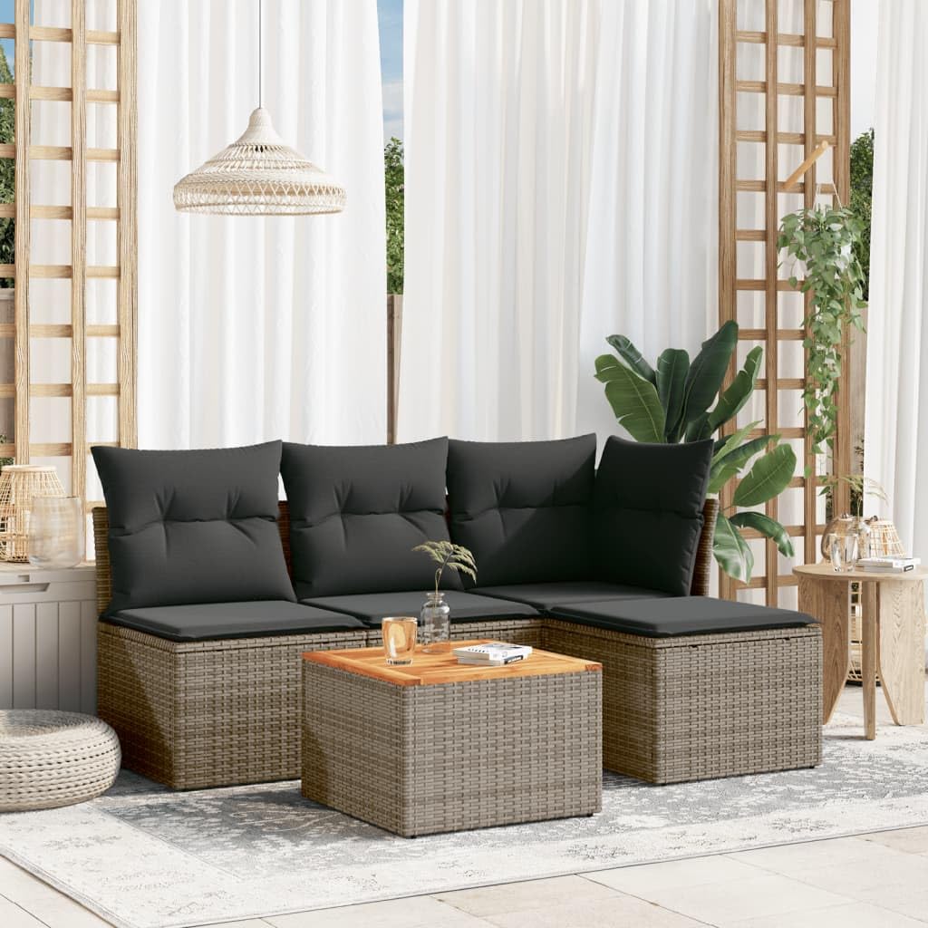 ACAGALA Conjunto Jardin Exterior con Almacenaje, Ratán Muebles de Jardin 4 Plazas con Cojines y Mesa de Madera, para Patio Terraza Balcón, Gris y Gris Oscuro
