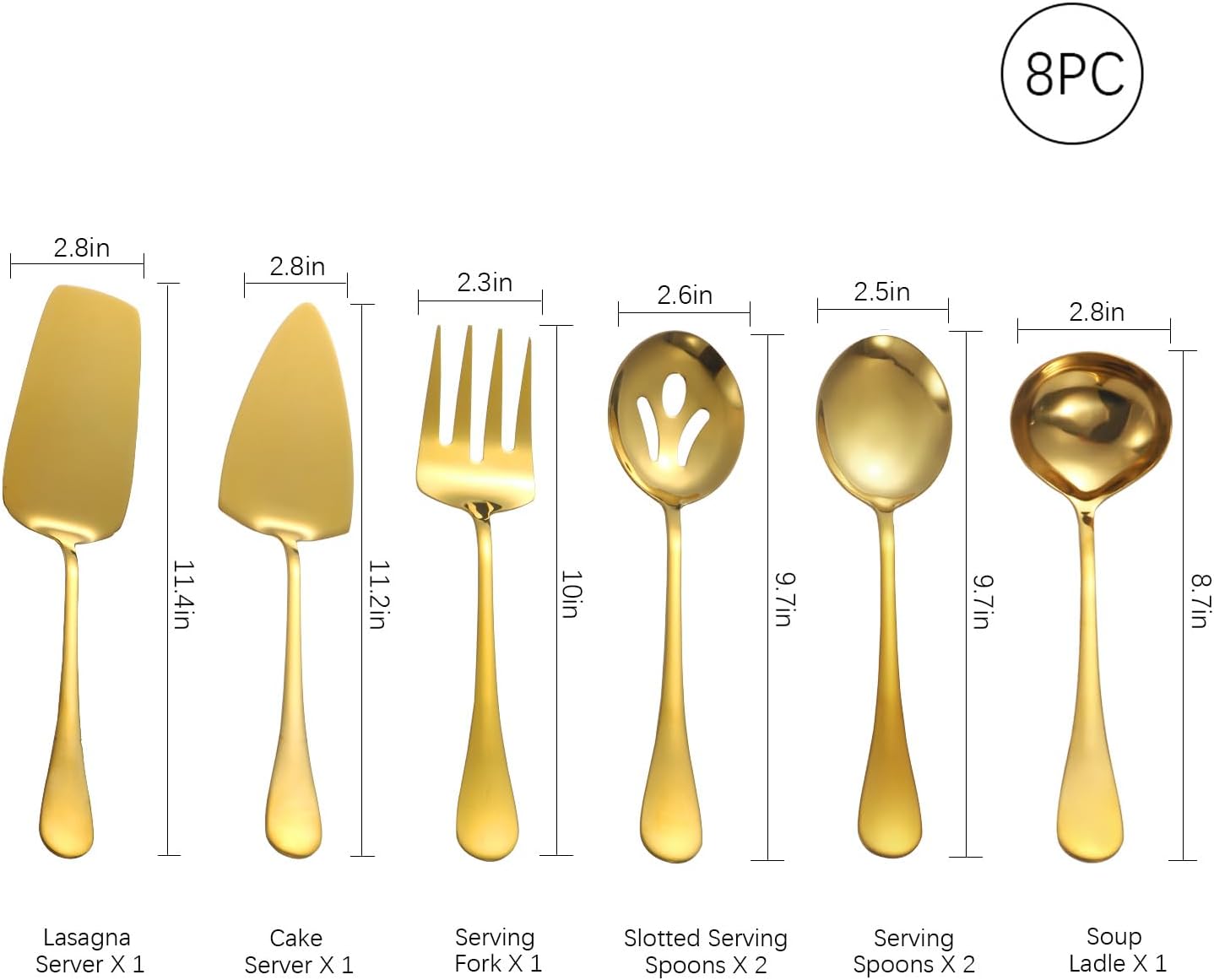 8 Pcs Stainless Steel Serving Utensils,Cake Knife and Server Set with 6 Pcs Cake Forks,Polished Serving Utensil Set for Buffet Parties Home (Gold)