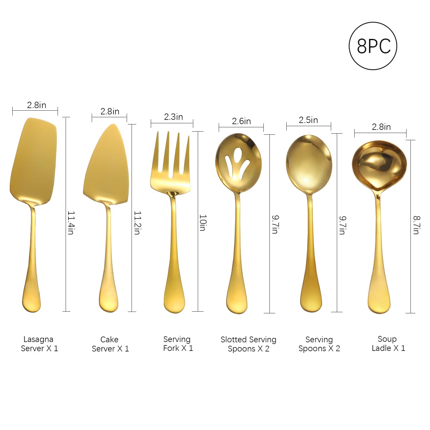 Utensilios de servir dorados, juego de 8 piezas de acero inoxidable con cucharas de servir, tenedor de servir, cucharón de sopa, servidor de lasaña, servidor de pasteles, juego de utensilios de servir