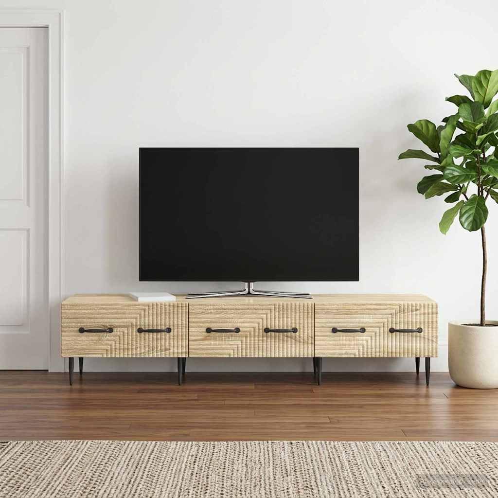 SYDE Mobile TV con cassetto, rovere Sonoma, 147 x 34,5 x 30 cm | Legno resistente, stile vintage, gambe coniche, maniglie nere, superficie per TV da 60 pollici