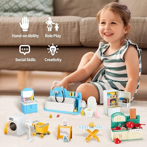 Vista 7 de TAKIHON Muebles para Casa de Muñecas, Juego de Juguetes de Cocina y Baño, Juego de Refrigerador y Lavadora para Niños, Accesorios en Miniatura