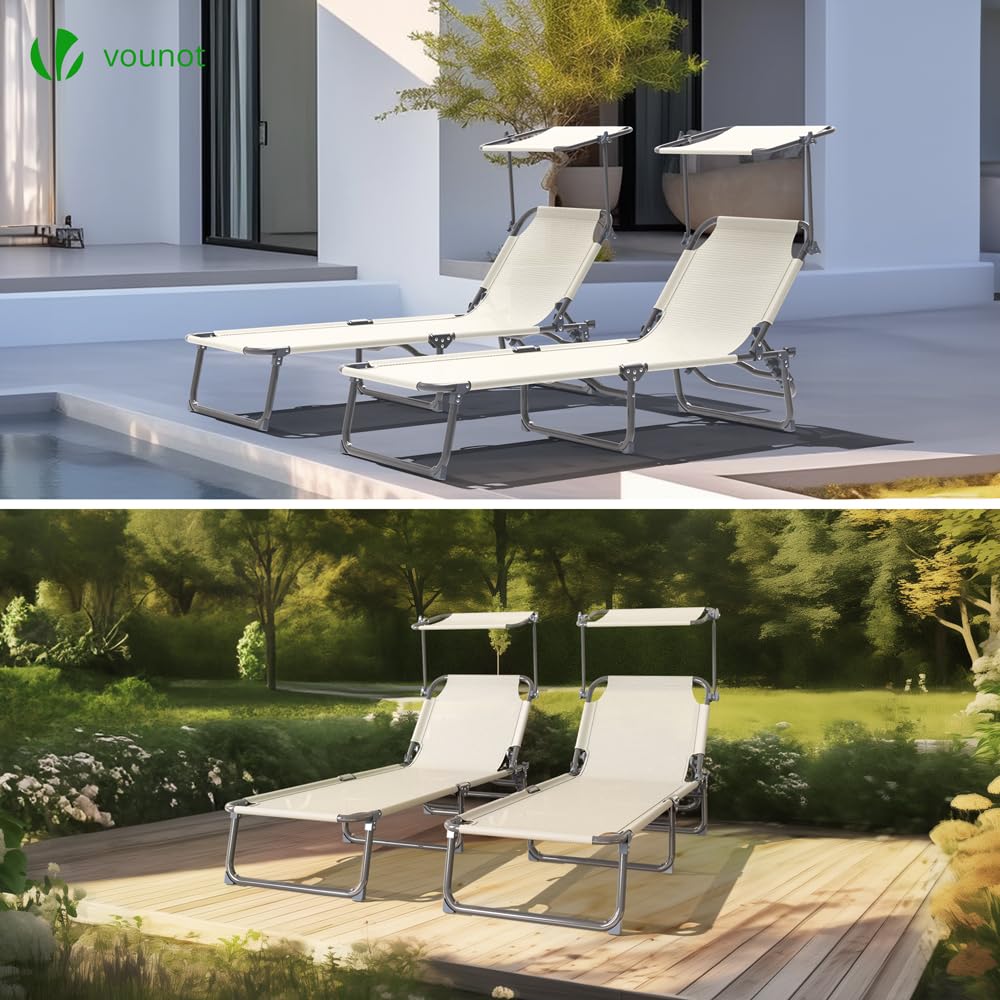 VOUNOT® Sdraio da Giardino Pieghevole, Set di 2 Lettini Prendisole con Tettuccio Parasole, Beige