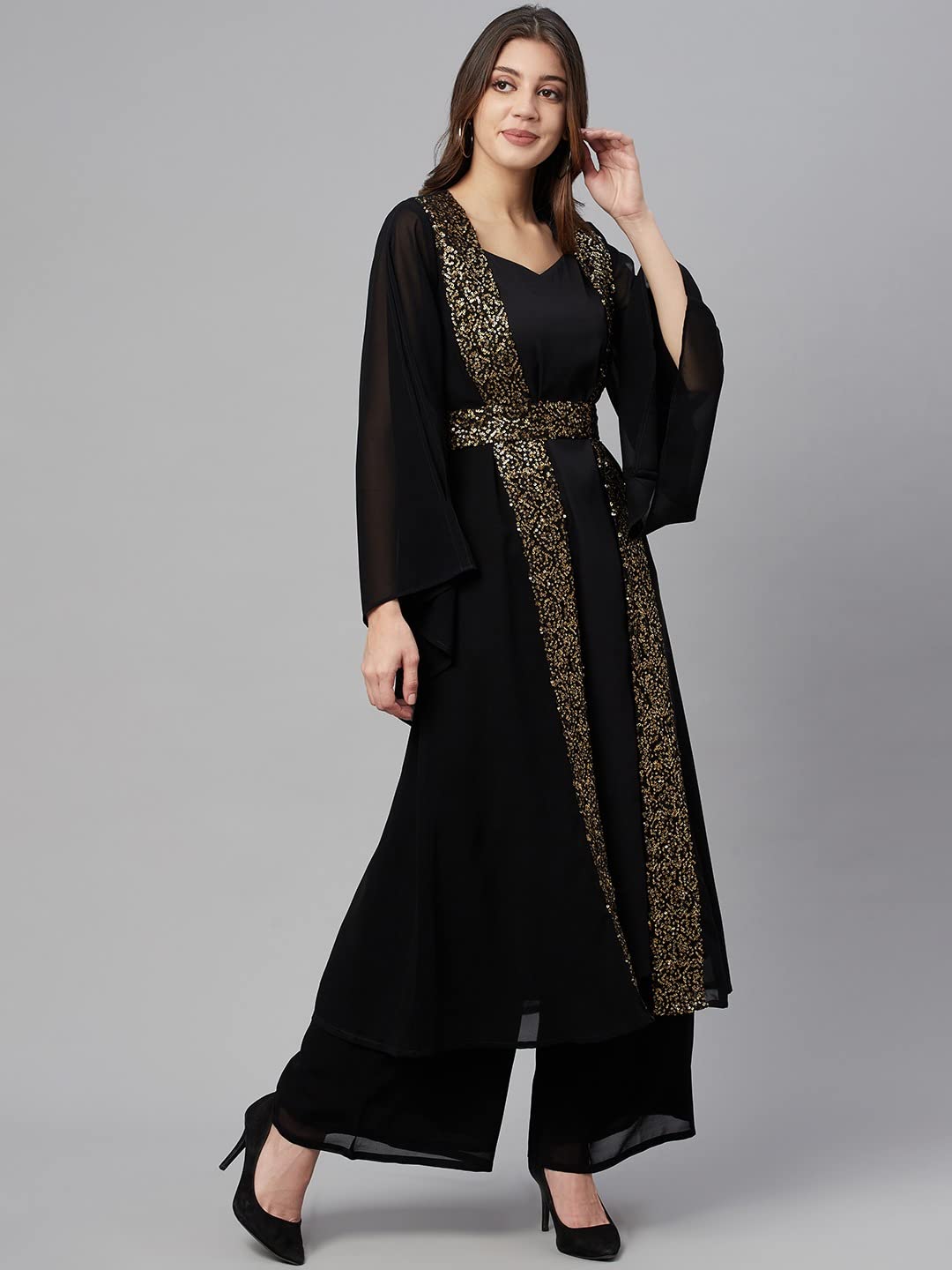 Cottinfab Women Black & Golden Embalished Long Dress with Palazzos Clothing Set, A-Line, Medium 2