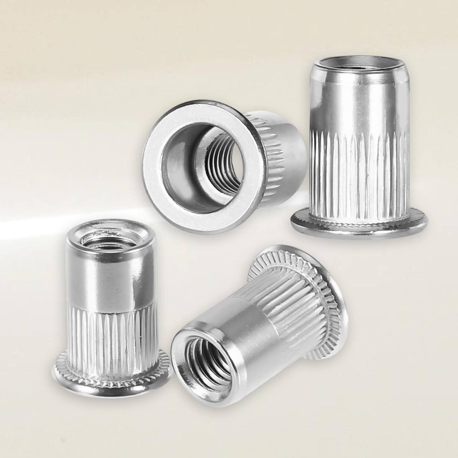 100 tuercas de remache M6 de acero inoxidable de cabeza plana moleteada, tuercas ciegas de remache para chapa, tuercas roscadas roscadas M6, casquillos roscados para materiales de paredes delgadas