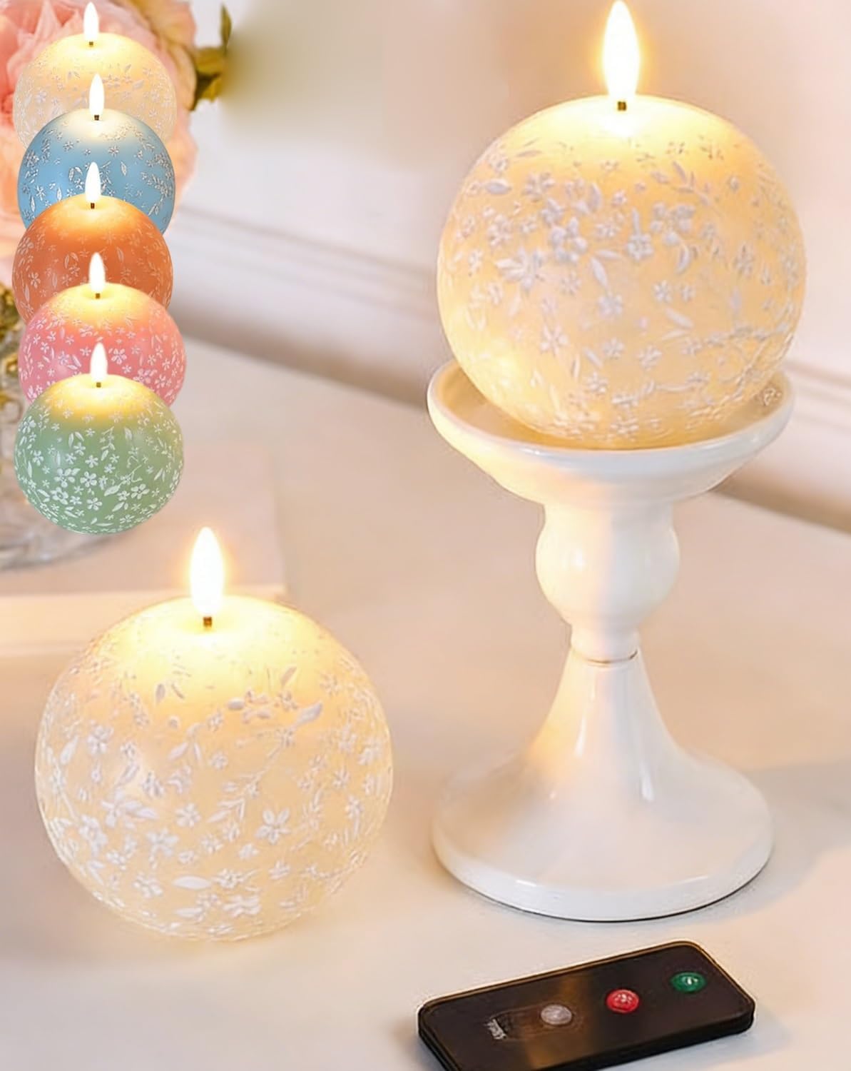 Flameless Spring Carved Spheres, LED Flickering Candles with Remote & Timer Control, Artificial Fake Realistic Light up Candles, Flame-Free Ambient Home Decor (Beige)
