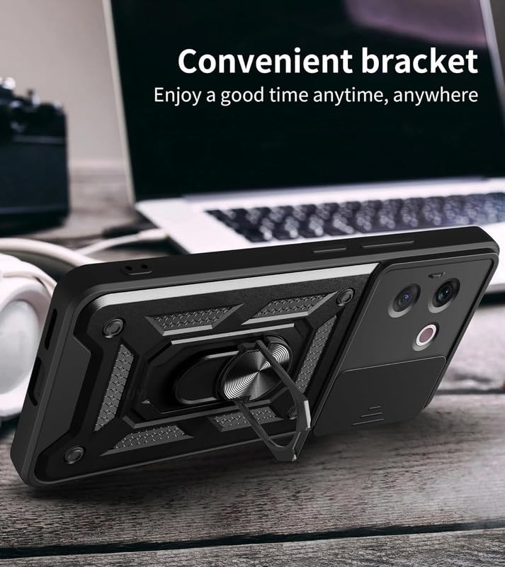 Image of SkyTree Vivo Y58 5G /Y38 Robotic Sliding Camera Window Shock Proof Thunder Case, Dual Layer Hybrid Shockproof Back Cover with Kickstand - Black