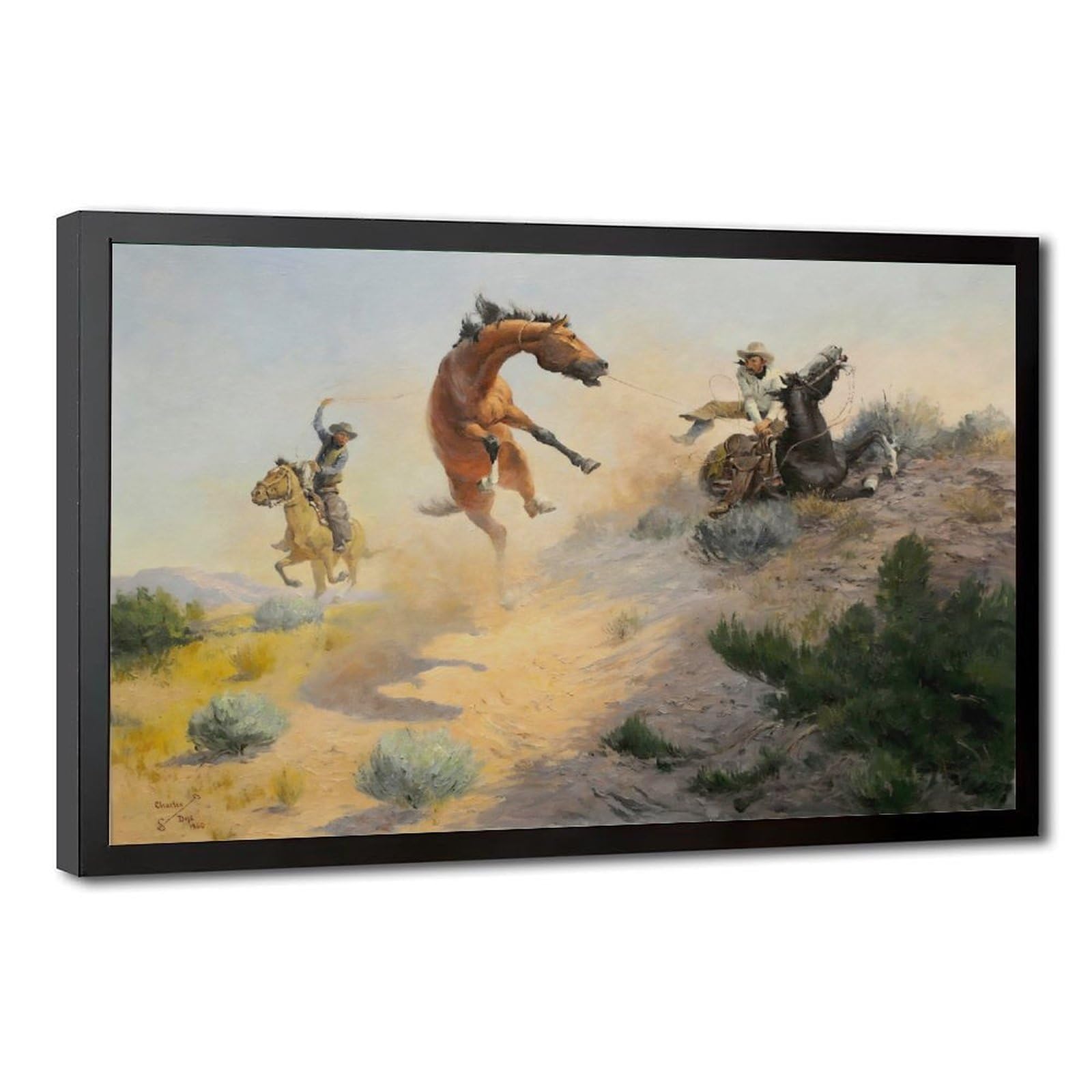 WCYB Jerked Down – Charlie Dye Vintage Cowboy Western – Rodeo Action Scene Posters Prints Canvas Deco Paintings Wall Art Hangable Frame 24" L X 36" W