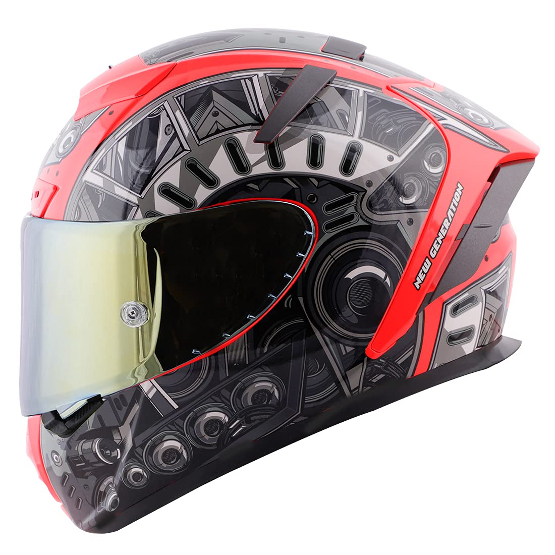 Steelbird SA-2 Terminator 2.0 Aeronautics Thermoplastic shell Full Face Graphic Helmet with Clear Visor and Extra Gold Visor (Large 600MM, Glossy Fluo Watermelon Grey)-image-11