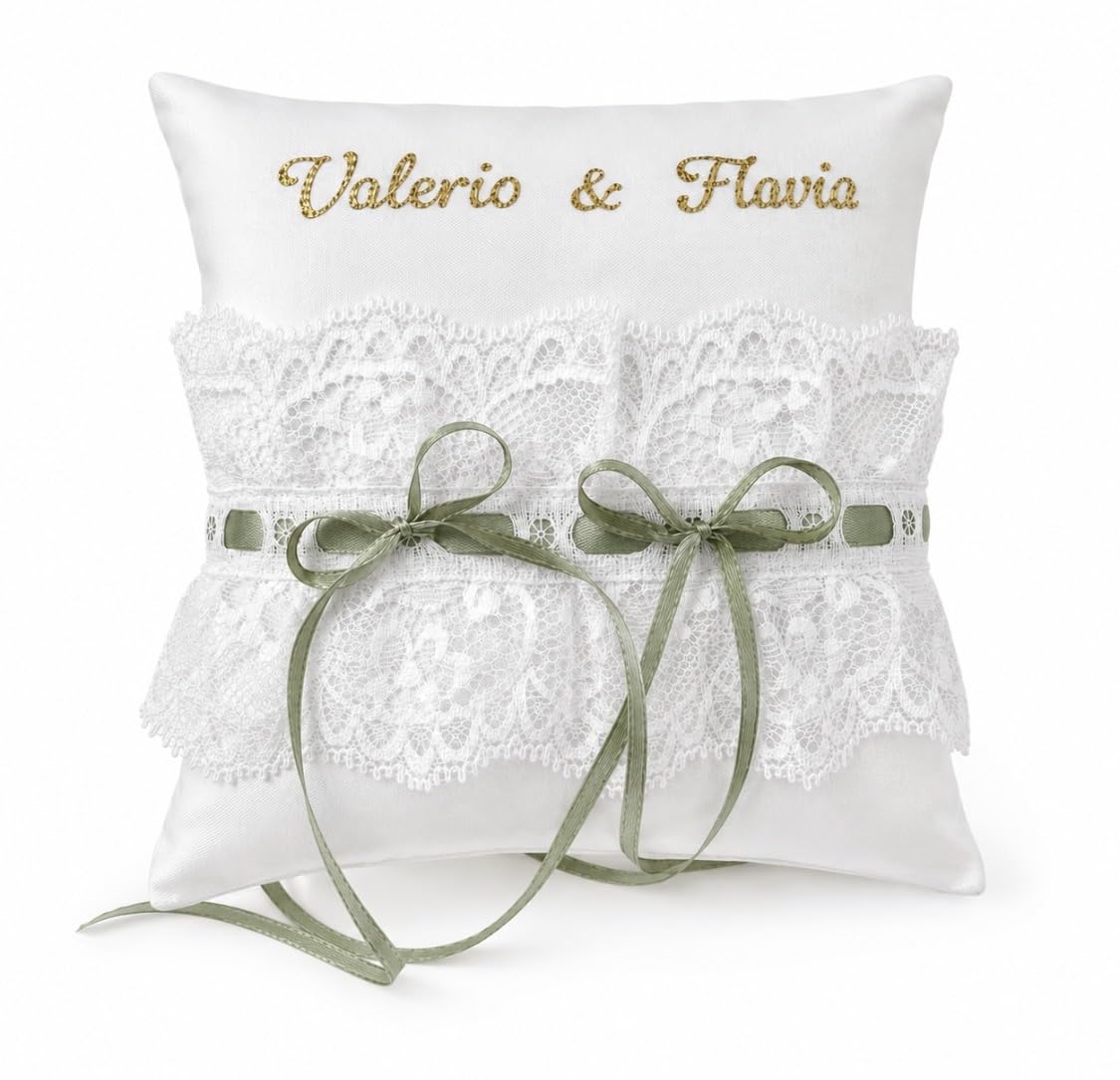 Cuscino Porta Fedi Nuziali Matrimonio Personalizzato con Nomi degli Sposi e Data, Fatto a Mano in Cotone Bianco e Pizzo