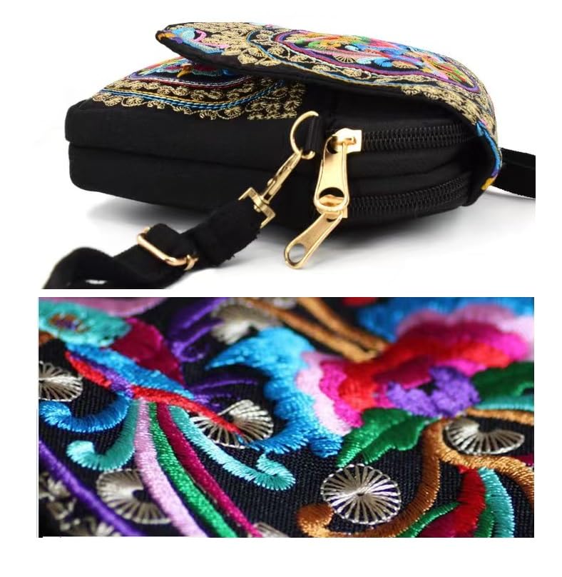 Vintage Embroidered Cell Phone-Purse -Small Crossbody Bag Coin Wallet,Women Mini Ethnic Travel Shoulder Bags Handbag Pouch, Black&red4
