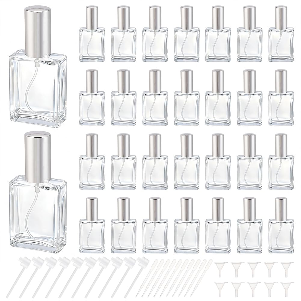 AHANDMAKER Confezione da 30 flaconi vuoti da 15 ml, quadrati, in vetro, ricaricabili, con pipetta da 3 ml e spruzzatore, per borsetta, palestra, ufficio