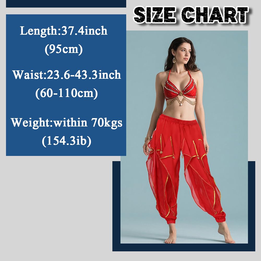 Women‘s Belly Dance Harem Pants with Golden Trim - High Waist Stretchy Pants for Yoga Practice Stage Performance (US, Alpha, One Size, Regular, Regular, Red)