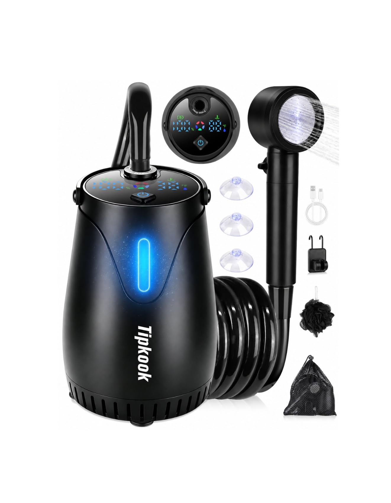 Tipkook Tragbare Campingdusche mit Ambientebeleuchtung | Akku Dusche Camping mit Akku 8000mAh | Mobile Outdoor Dusche mit Pumpe & Temperaturanzeige, 5 Wasserstufen Tragbare Dusche für Vanlife, Outdoor, Wandern, Haustiere